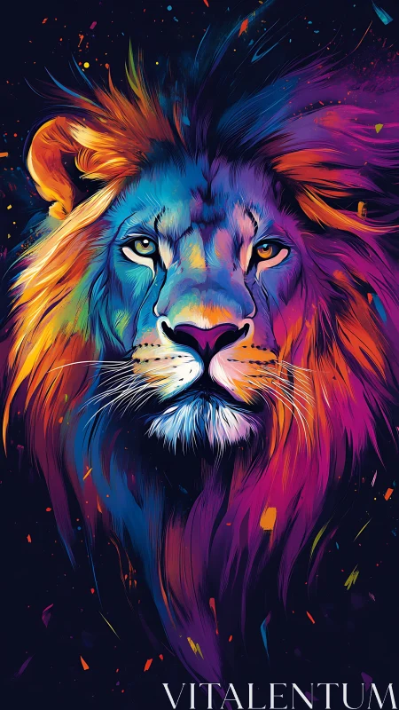 Vibrant Neon Lion Portrait in Stylized Digital Painting.