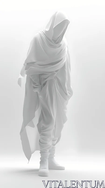 Hooded white figure in draped monochrome futuristic robes.