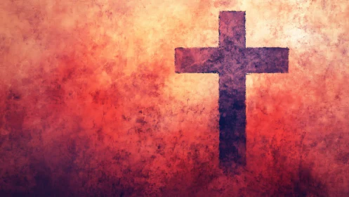 Textured crimson cross emerging from radiant backdrop.