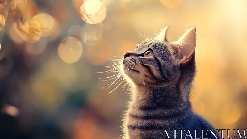 Tabby Cat Gazing Upward with Bokeh Lighting Effects.