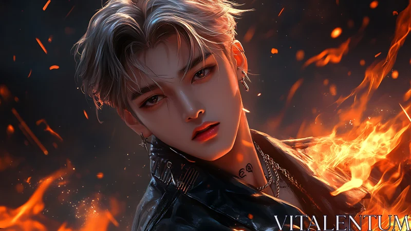 Digital portrait of silver haired figure in flames at night.