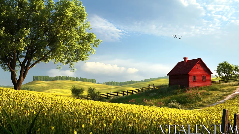 Sunlit red farmhouse anchors sweeping yellow field panorama