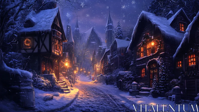Snow-covered village street with illuminated winter houses.