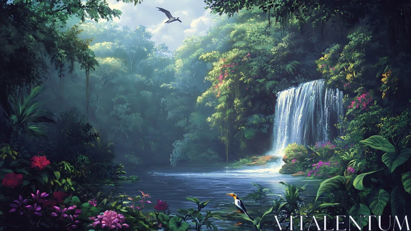 Dense jungle waterfall scene with birds and lush flora.
