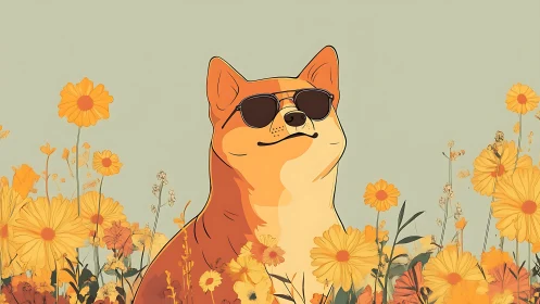 Cool dog with sunglasses among yellow wildflowers.