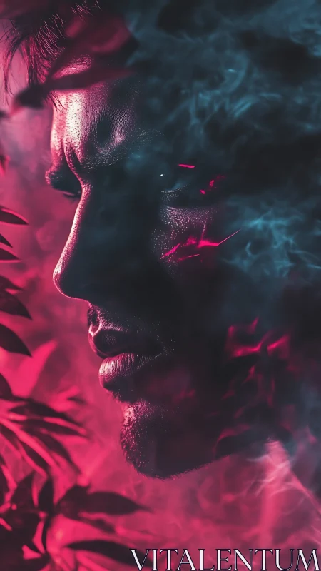 Moody male profile in neon pink and blue smoke portrait