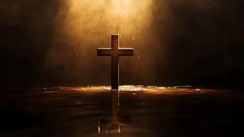 Golden cross rising from reflective water under spotlight.