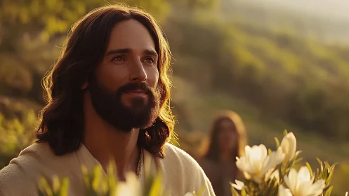 Sunlit shepherd soul amid lilies and gentle hillside hush.