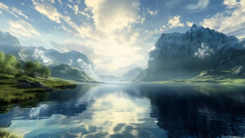 Peaceful mountain lake glowing beneath soft morning light.