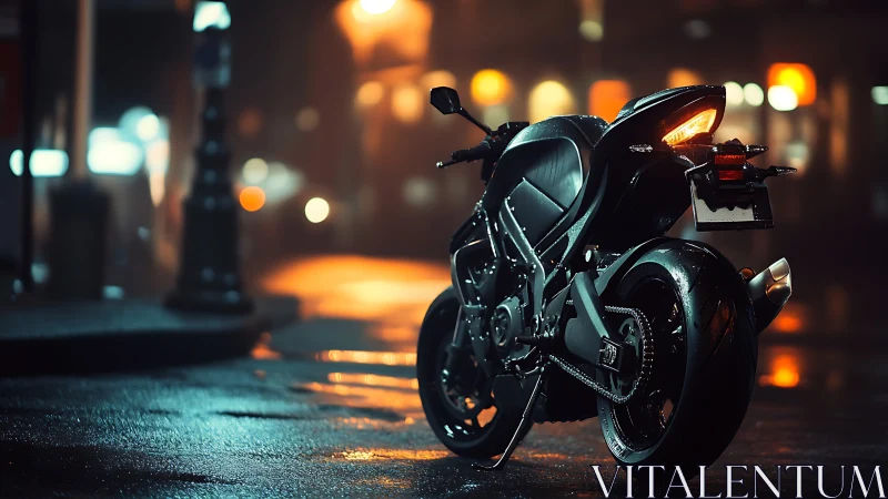 Sport motorcycle stands on wet city street at night