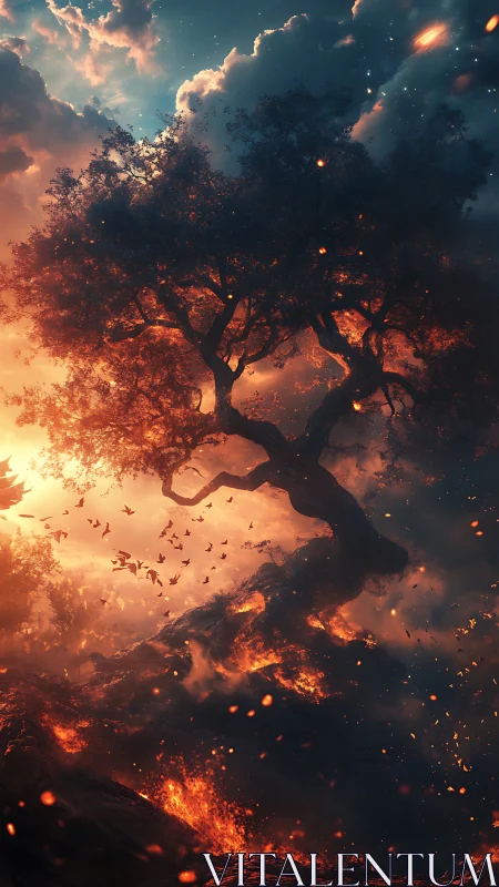 Celestial Tree Ablaze in Cosmic Inferno.