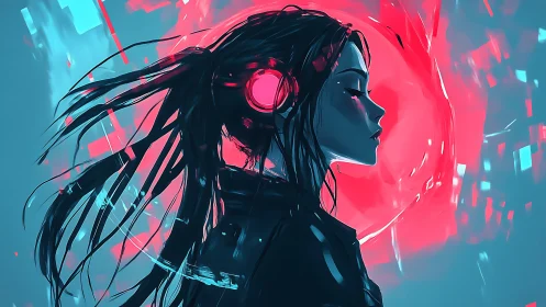 Cybernetic silhouette with neon acoustic interface haloed.