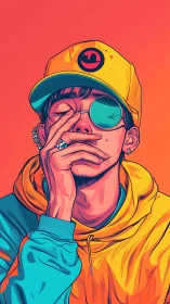 Streetwear youth in neon pop colors hides thoughtful gaze.