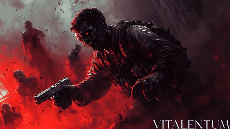 Mutated gunman emerging from red inferno with encroaching horde