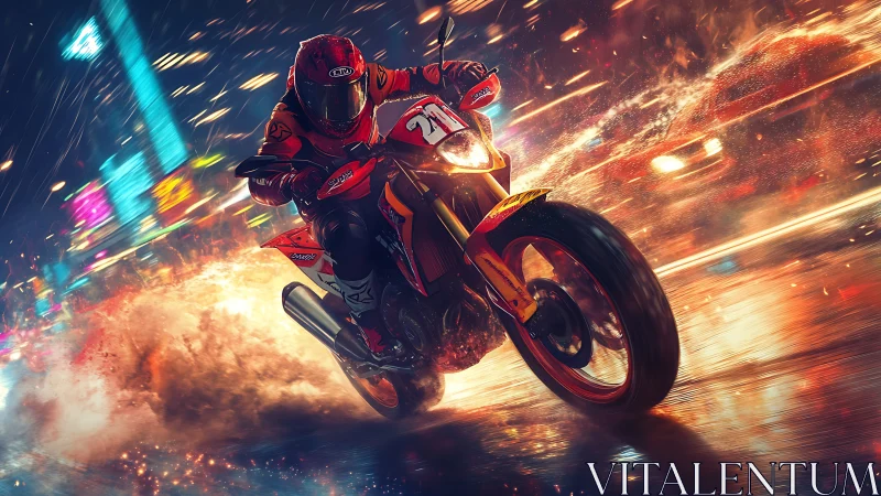 Motorcycle racer cuts through neon rain with blazing speed