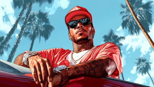 Confident man leans from red car beneath towering palm trees.