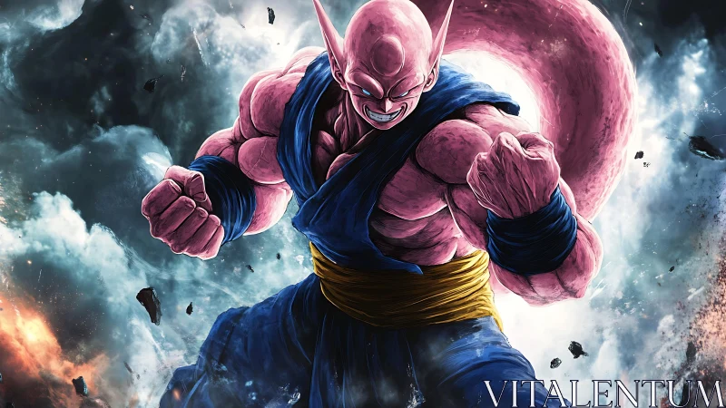 Pink muscular alien warrior powers up amid shattered sky.