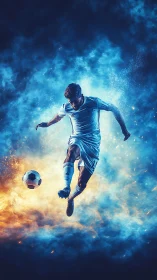 Digital painting of explosive soccer kick in dual-color nebula field.