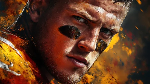 Intense closeup of determined football player in war paint.