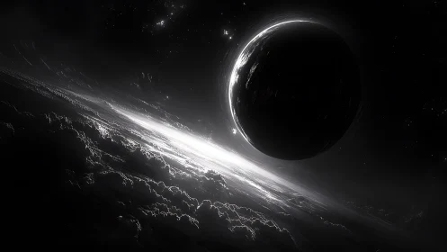 Dark planet silhouette intersects bright galactic light band