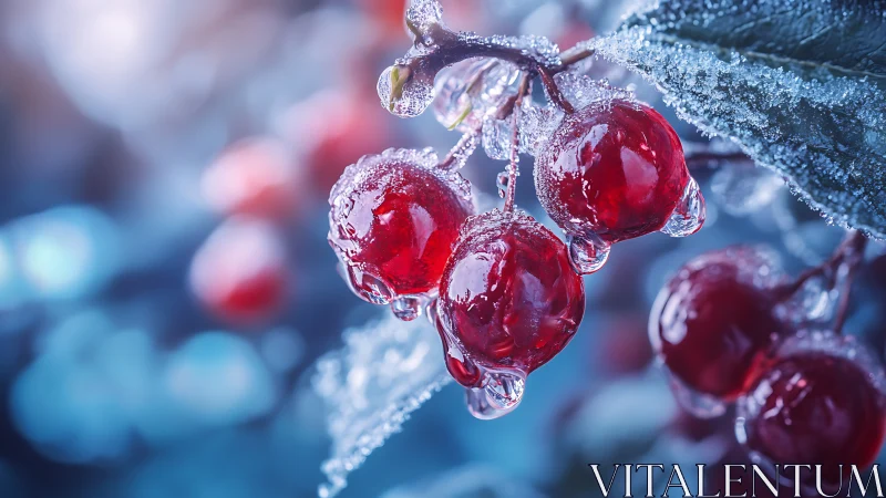 Iced red berries in macro focus with crystalline frost highlights.