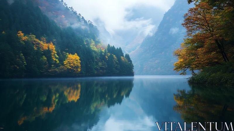 Fog draped mountain lake mirrors vivid autumn forest colors.