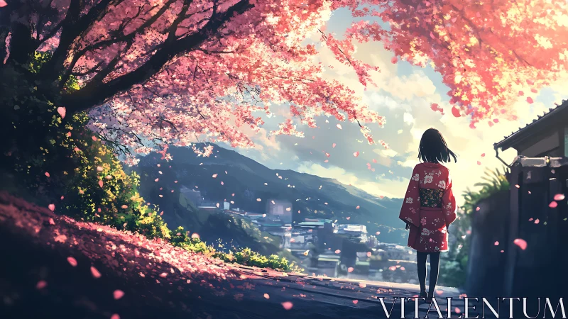 Girl in red kimono gazes over valley under pink blossoms