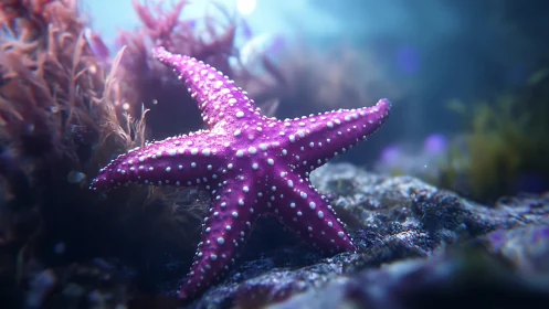 Luminous magenta starfish poised in a dreamy seabed ballet.