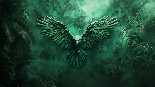 Majestic green bird with outstretched wings in surreal jungle art.