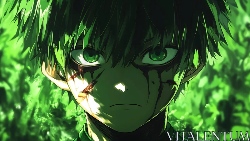 Green haired anime boy with intense gaze and scars.