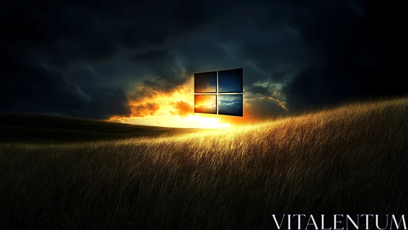Windows-shaped portal over sunlit digital grassland horizon.