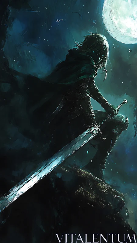 Moonlit cloaked swordsman on cliff in cinematic teal lighting.