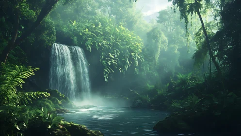 Luminous Tropical Waterfall Cascading Through Mist-Draped Rainforest Canopy.