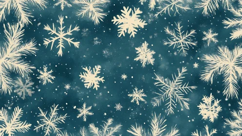Wintry teal background with stylized cream snowflakes and pine boughs