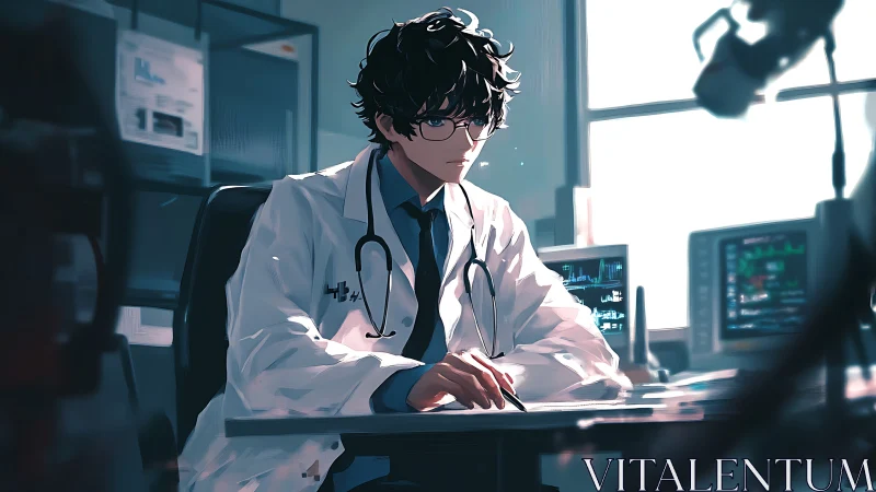 Young doctor in lab coat working at modern hospital desk.