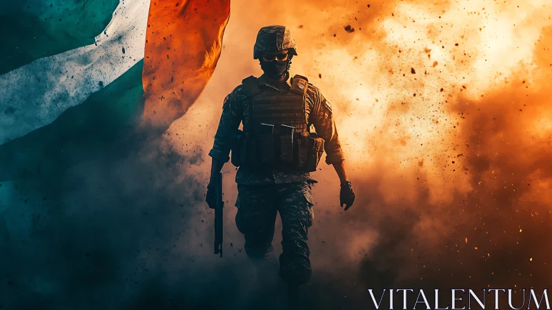 Soldier silhouette advances amid dense smoke and tricolor flag