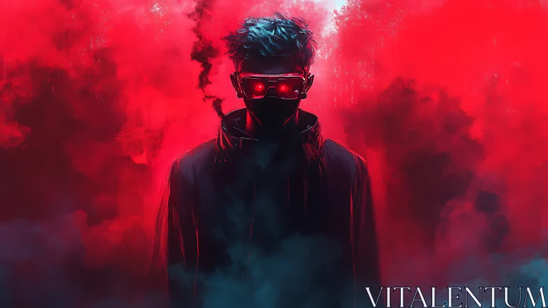 Neon ghost in crimson fog wearing future-forged visor.