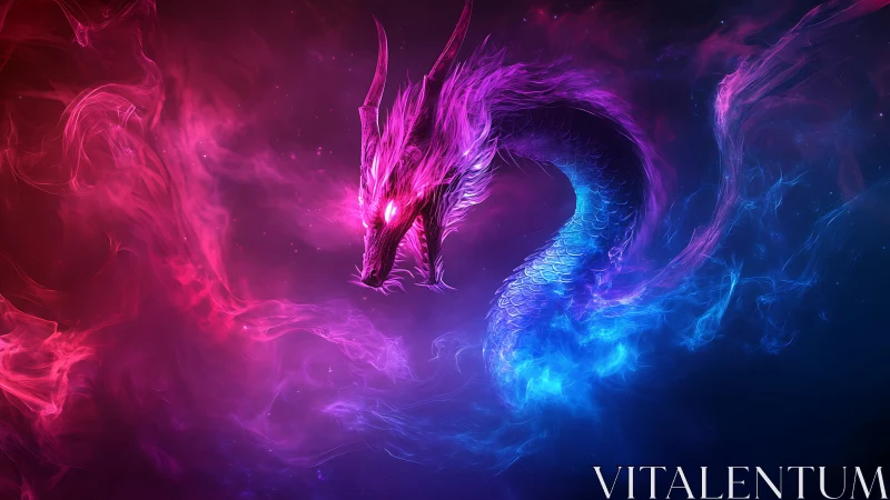 Bicolor cosmic dragon formed from neon fire and mist.