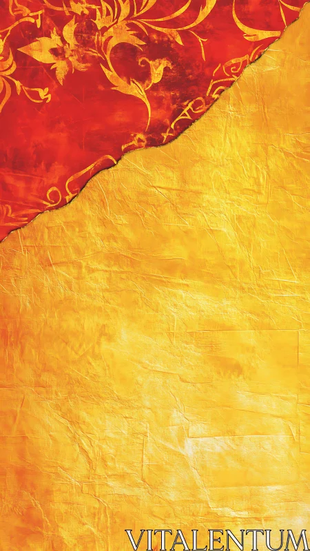 Red floral overlay on textured golden background.