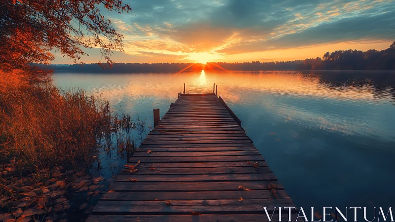 Golden lake sunrise welcomes a quiet wooden pier path