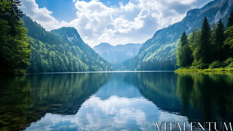 Mirror-still alpine lake cradled by deep green mountains.