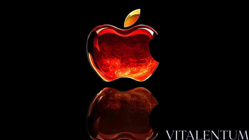Glossy red apple logo with fiery texture and black background.