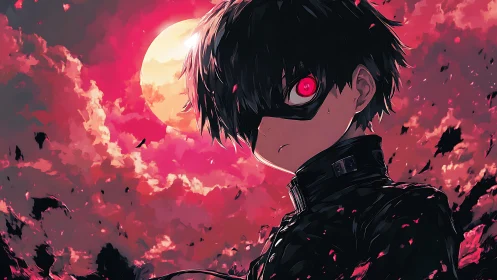 Masked anime boy stands under blood-red moonlit sky