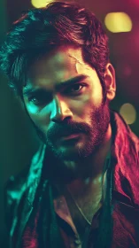 Neon side-lit male portrait renders cyber-noir emotional tension