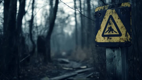 Weathered insect warning sign in dark misty forest path.