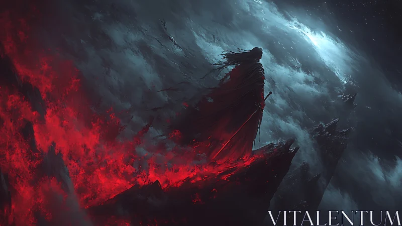 Lone dark warrior surveys burning abyss beneath storm sky