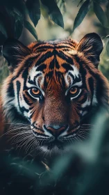Tiger gaze emerging through jungle foliage in moody light.