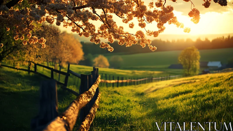 Golden hour blossoms over rustic countryside fence line.