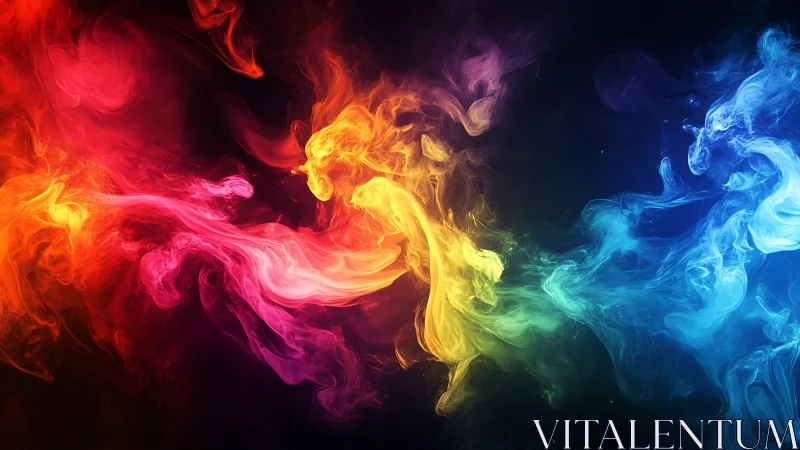 Colorful smoke plumes form fluid gradients across dark space