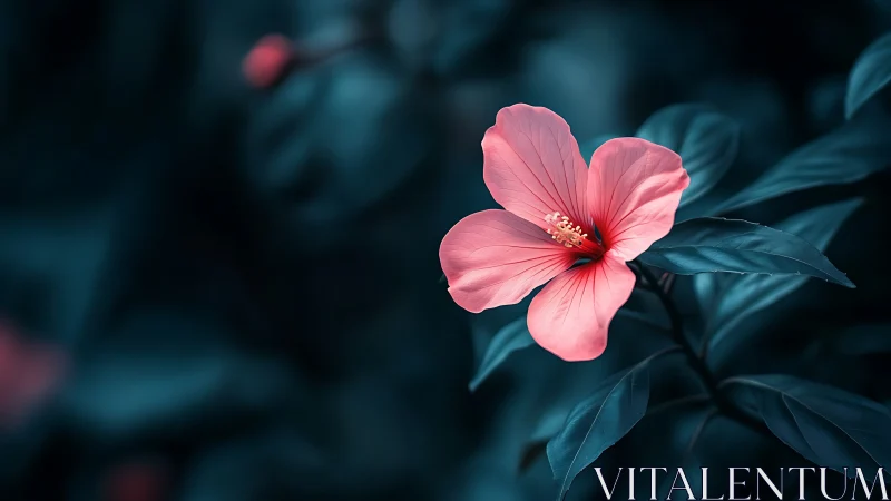 Pink Hibiscus Flower Against Dark Teal Foliage